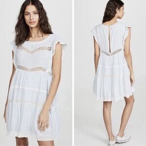 Free People Retro Kitty Crochet Mini Dress Ivory Blue Combo Size XS